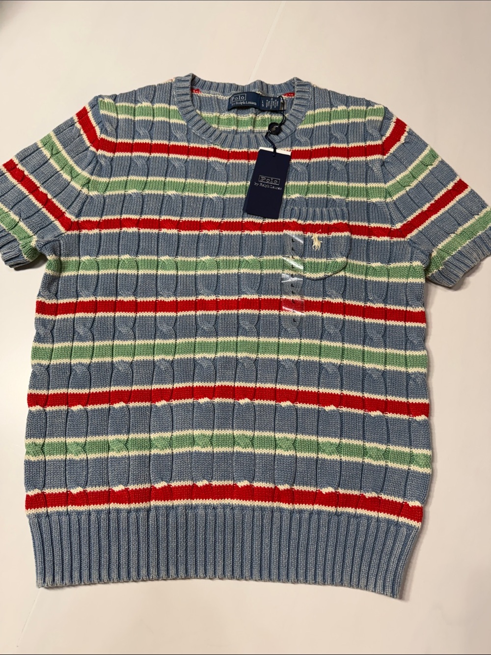 Polo by Ralph Lauren Light Blue Crewneck Sweater with Stripes L NWT Cotton